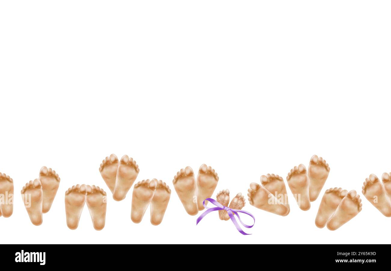 9 pairs of newborn babies feet one pair of premature baby tied with purple ribbon with a bow in a seamless border as a symbol of World Premature Baby Stock Photo