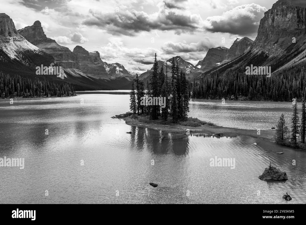 Dramatic black and white landscape of Spirit Island, Jasper national park, Canada. Stock Photo