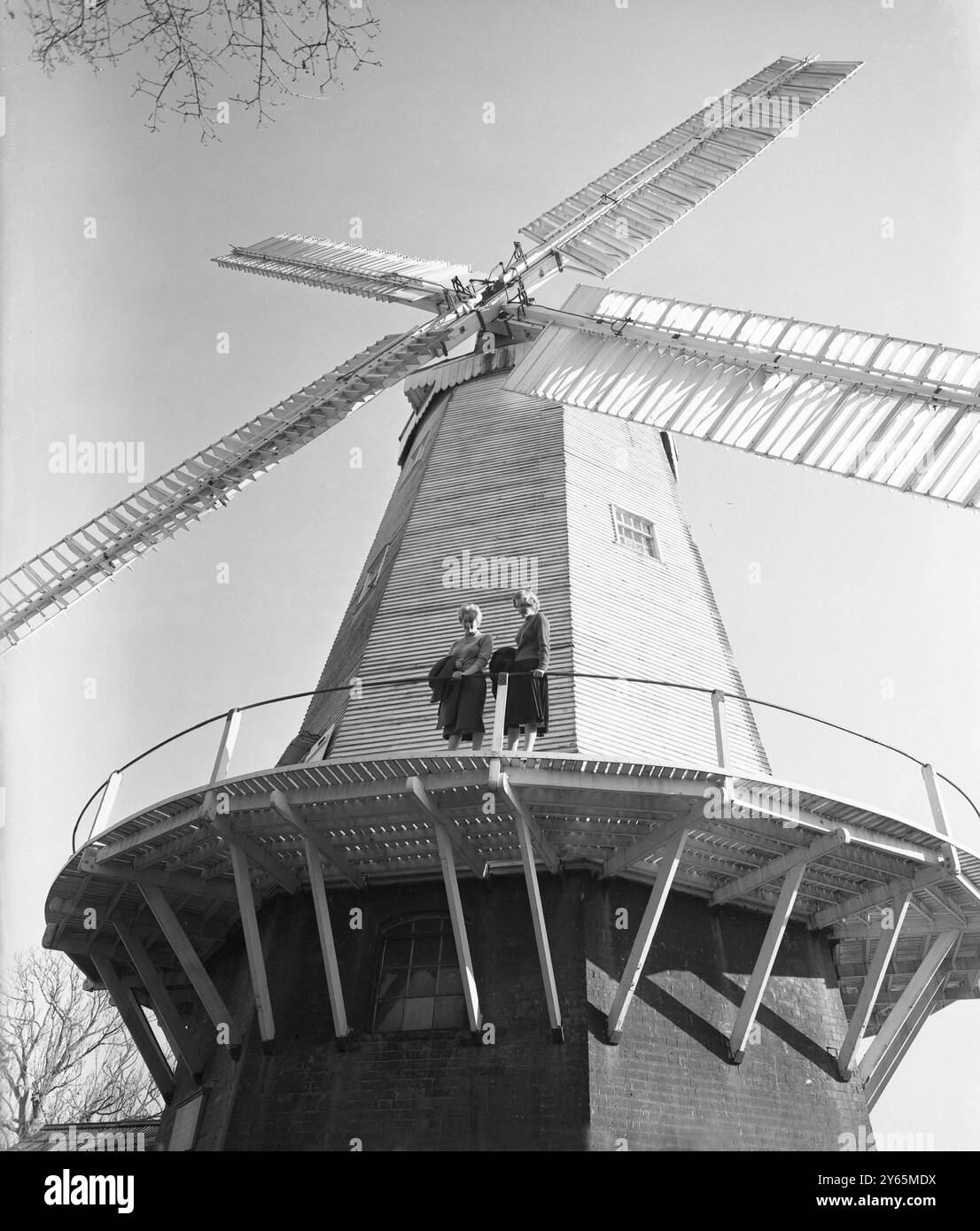 Now an official monument to author Hilaire Belloc , who died in 1953 , is Shipley Mill , which stands in the grounds of Belloc's former Sussex home .  The mill has been put into good working order and throughout the summer visitors were able to see it in action in the hands of Peter Powell , whose father was once the Shipley miller .  Out-of-season visitors are seen here  dwarfed by the great white sweeps of the 60ft high mill . 30th December 1958 Stock Photo