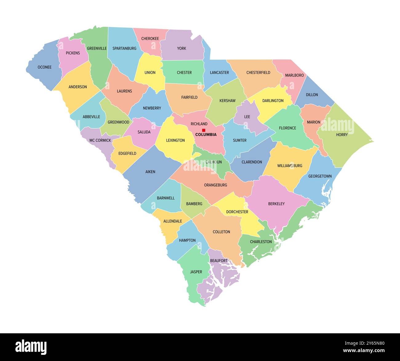 South Carolina U S State Subdivided Into 46 Counties Multi Colored South Carolina Us State Subdivided Into 46 Counties Multi Colored Political Map With Capital Columbia Borders And County Names 2Y65N80