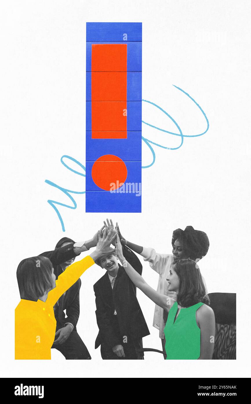 Contemporary art collage. Colleagues celebrate successful outcome with ...