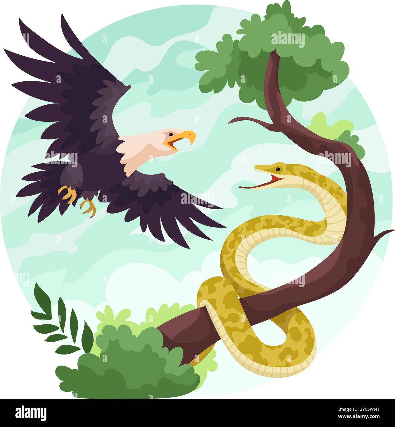 Eagle attacks snake. Flight predator hunting bird attacking serpent ...
