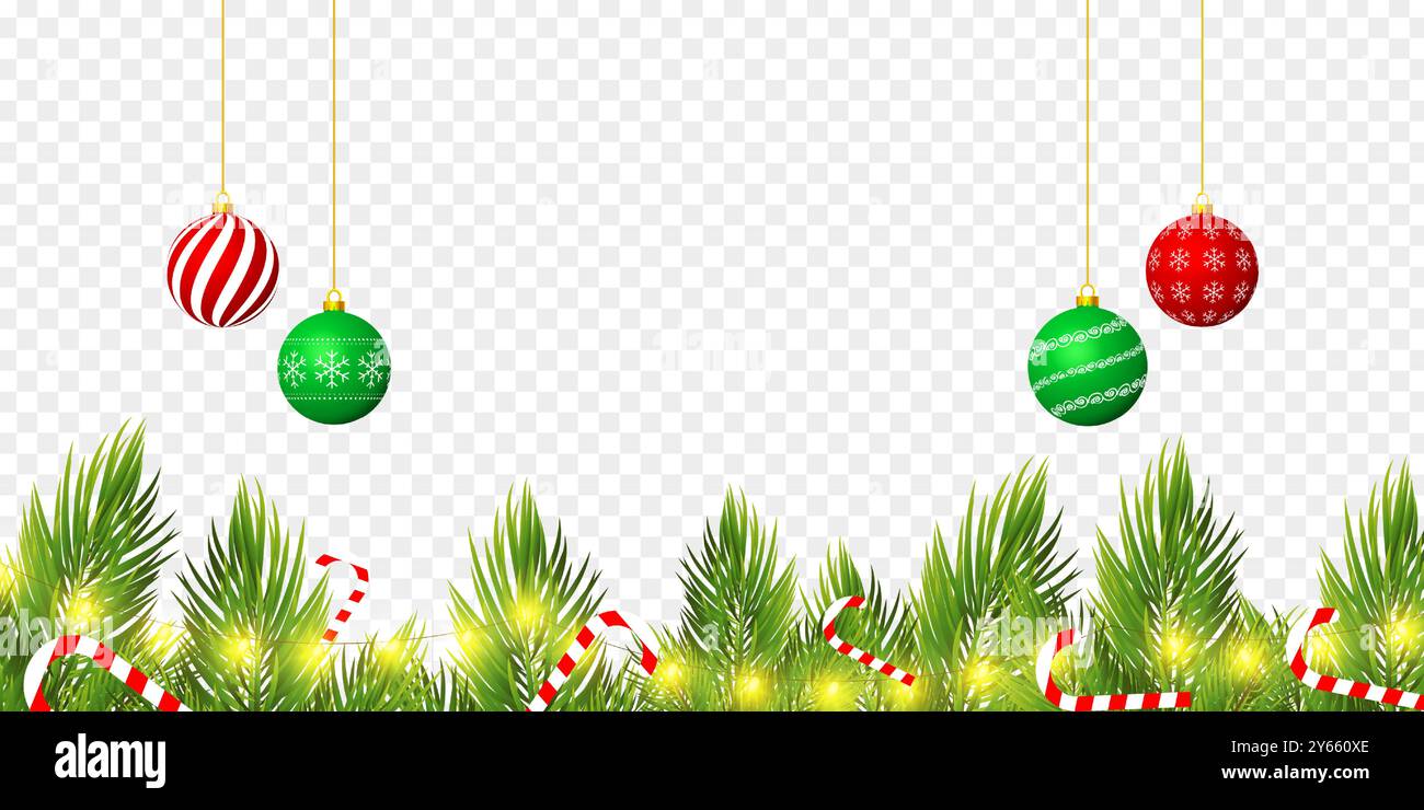 Vector illustration of fir branches with lights and Christmas balls ...