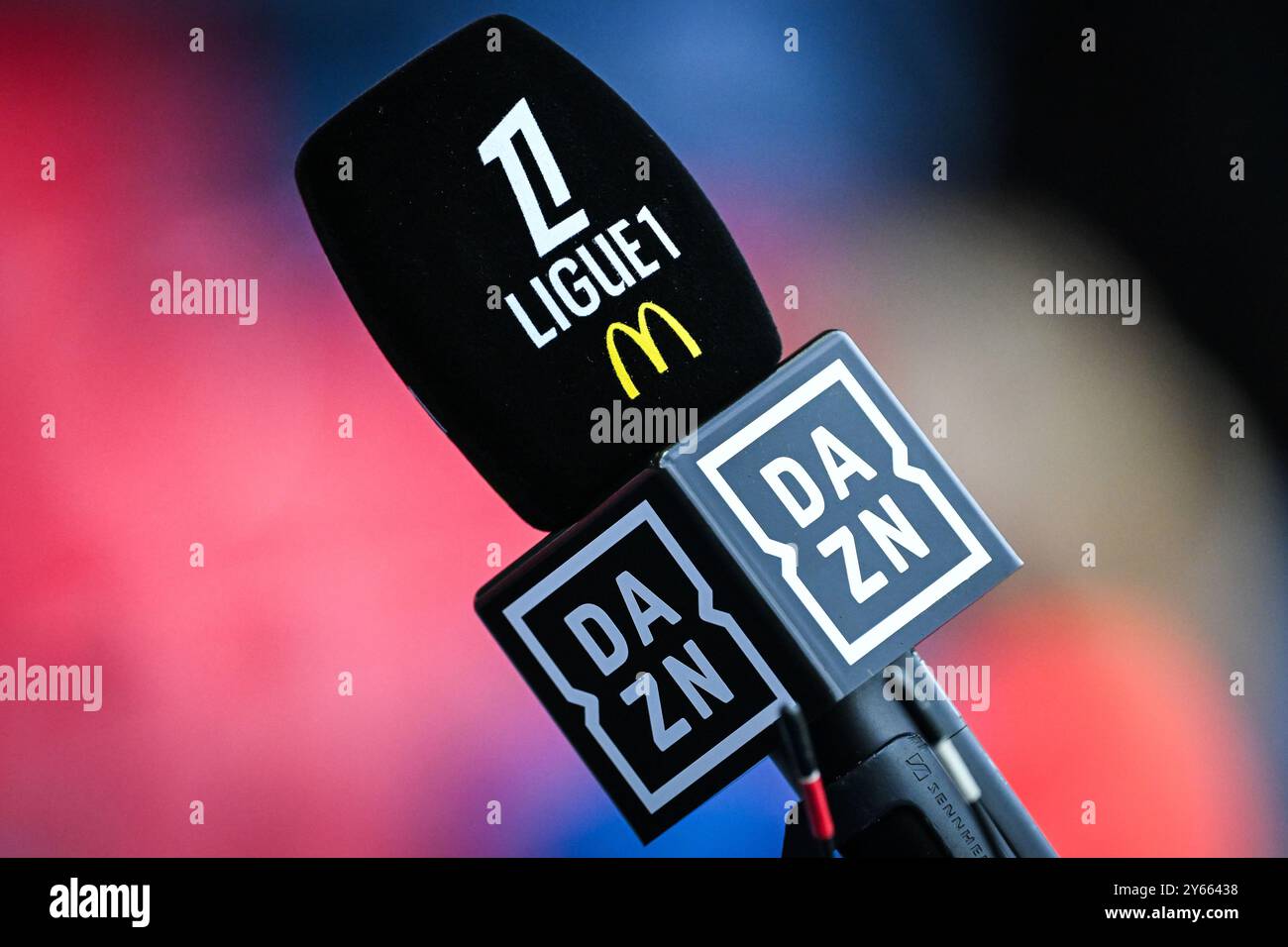 Illustration of the microphone with the official Ligue 1 McDonald's and DAZN logo during the French championship Ligue 1 football match between Paris Saint-Germain and Montpellier HSC on 23 August 2024 at Parc des Princes stadium in Paris, France - Photo Matthieu Mirville / DPPI Stock Photo