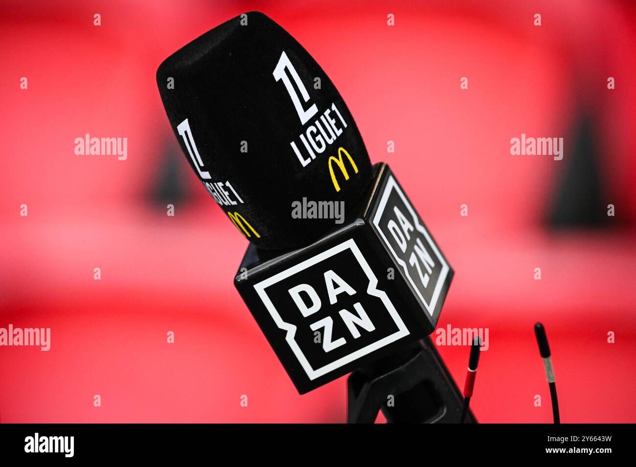 Illustration of the microphone with the official Ligue 1 McDonald's and DAZN logo during the French championship Ligue 1 football match between Paris Saint-Germain and Montpellier HSC on 23 August 2024 at Parc des Princes stadium in Paris, France - Photo Matthieu Mirville / DPPI Stock Photo