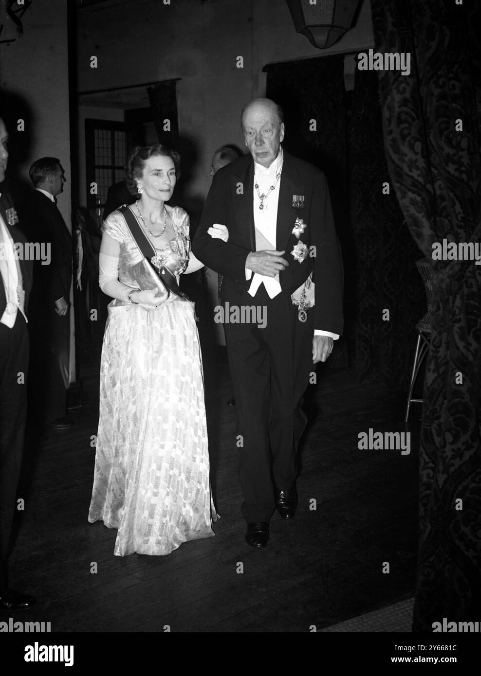 The annual dinner of the London Ulster Association and Club at the Cafe Royal , London , this evening (Thursday) was attended by about 50 ' Fighting Ulstermen ' whose ranks ranged from lieutenant-colonel to field-marshal . Seen here The Duke of Abercorn , a former Governor of Northern Ireland and president of the Association and Club , who presided , escorting the Duchess of Gloucester at the annual dinner this evening .2 December 1948 Stock Photo