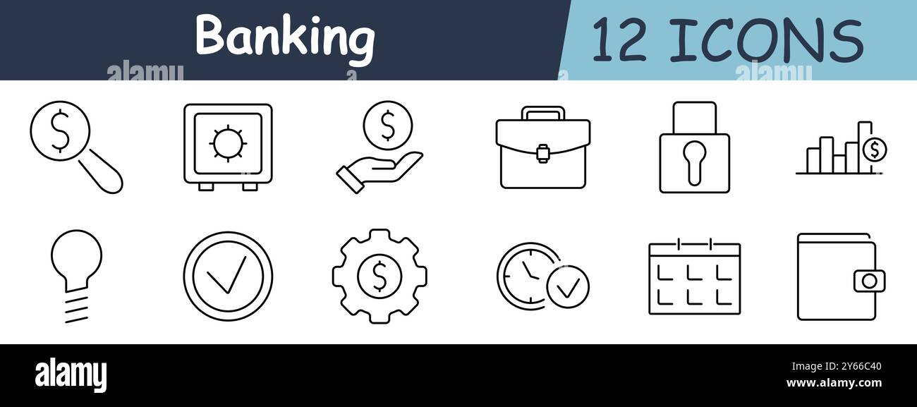 Banking set icon. Dollar under magnifier, safe, hand with coin ...