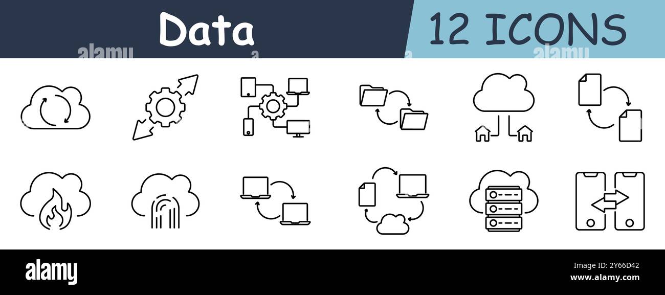 Data set icon. Cloud storage, synchronization, cloud sharing, folder transfer, remote access, document exchange, backup, fire protection, fingerprint Stock Vector