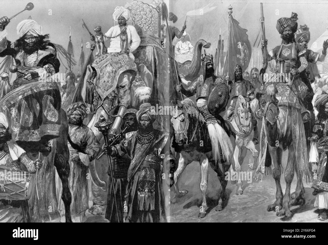 The Imperial Durbar Types of the Retainers of the Ruling Chiefs The spectacle presented by the great procession of retainers which was held in the Durbar arena. Mail clad Rajputs, Arab guards, Mahratta warriors seemed in their wonderful panoplies a living page from the ancient history of India   January 1903 Stock Photo