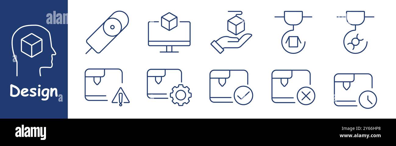 Design set icon. 3D printing, cube, computer, hand holding a cube, printer, warning, settings, checkmark, cross, clock, object creation, technology, p Stock Vector