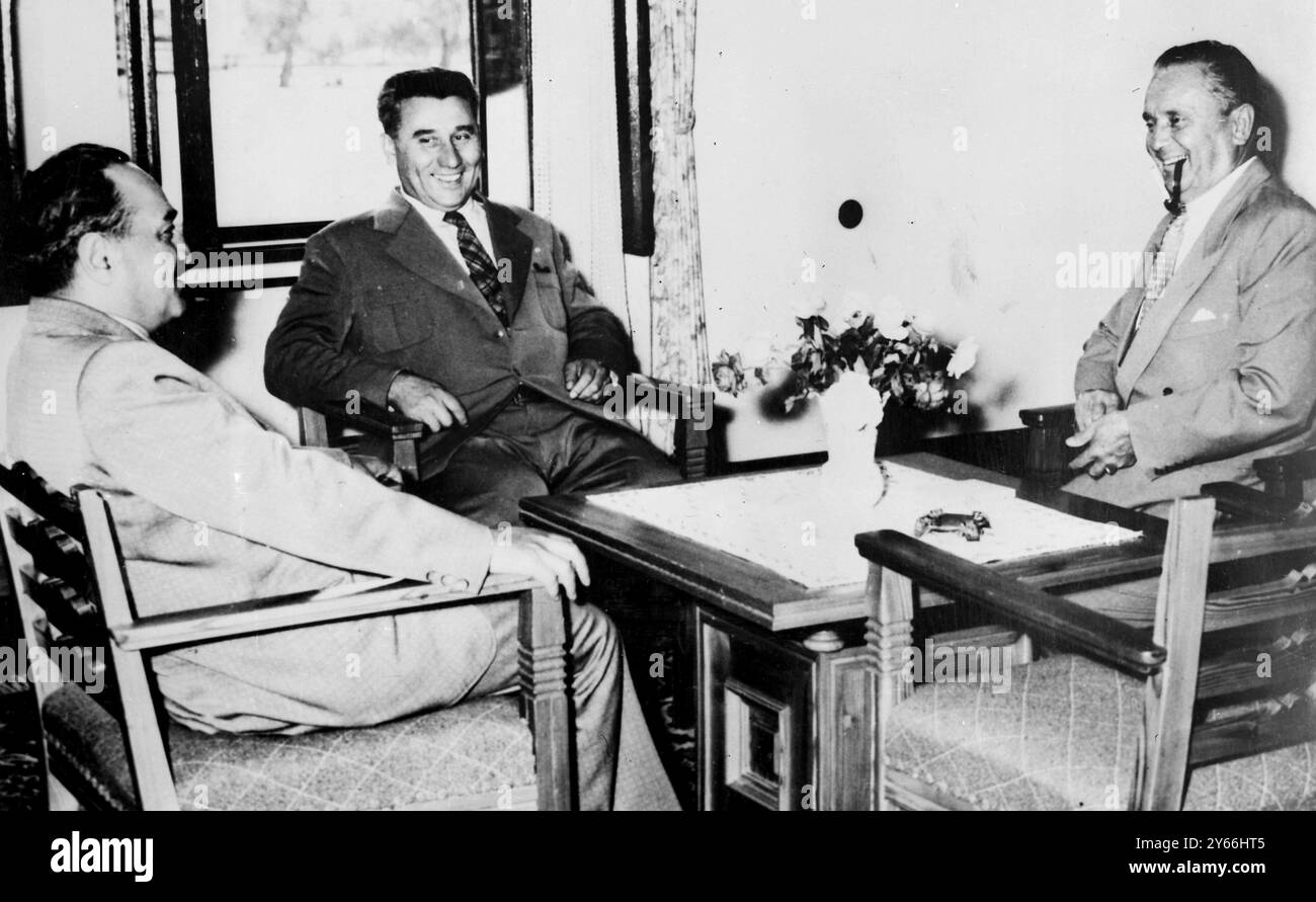 Russian Vice premier A I Mikoyan (centre) wit President Tito (right ...