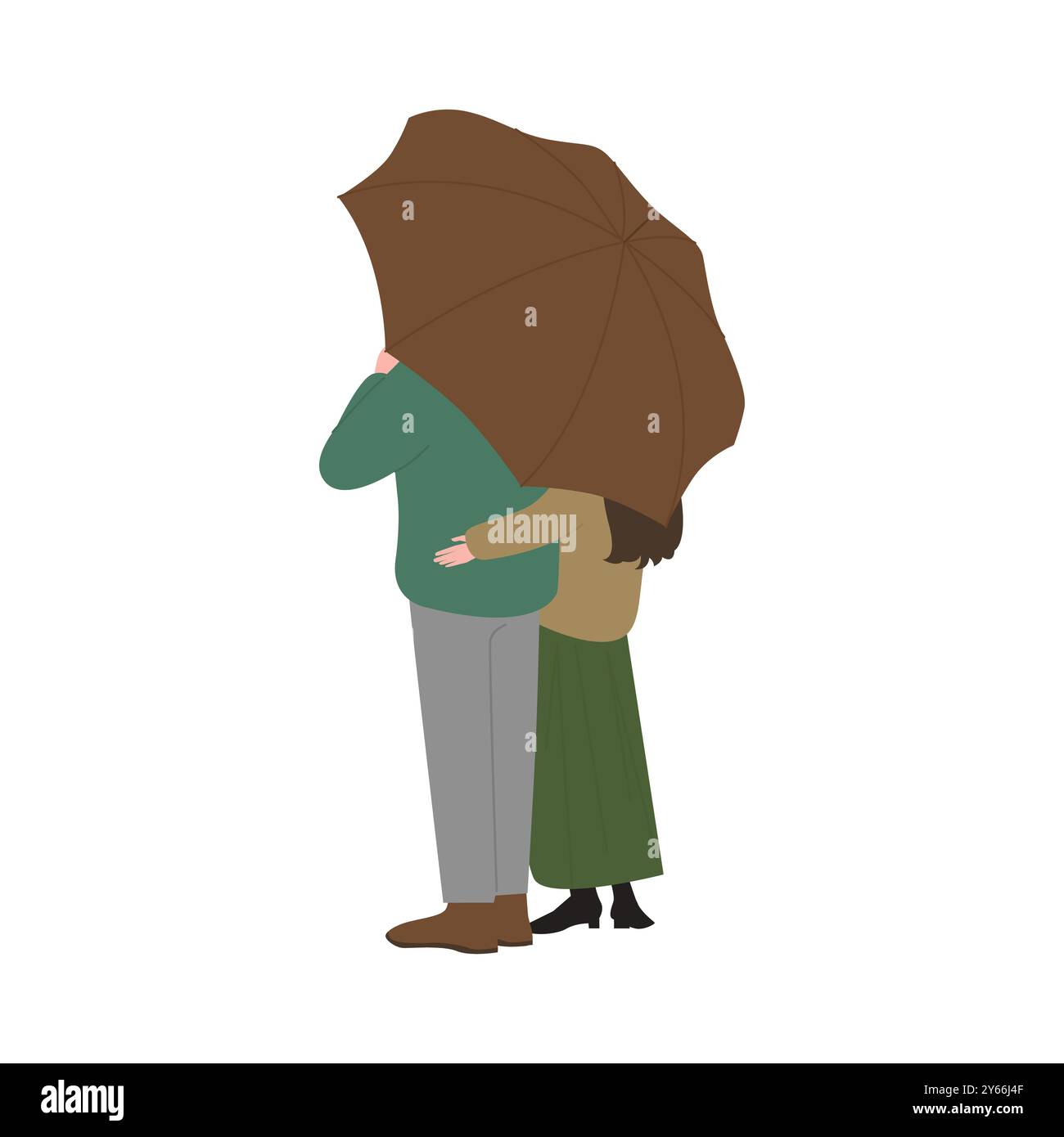 Young couple standing under brown umbrella and hugging, rear view ...