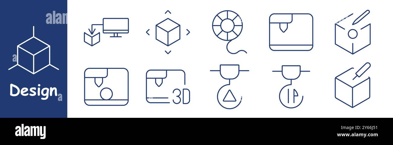 Design set icon. Computer, cube movement, filament reel, 3D printer, object creation, design cube, settings, triangle, printing error, edit cube, prec Stock Vector
