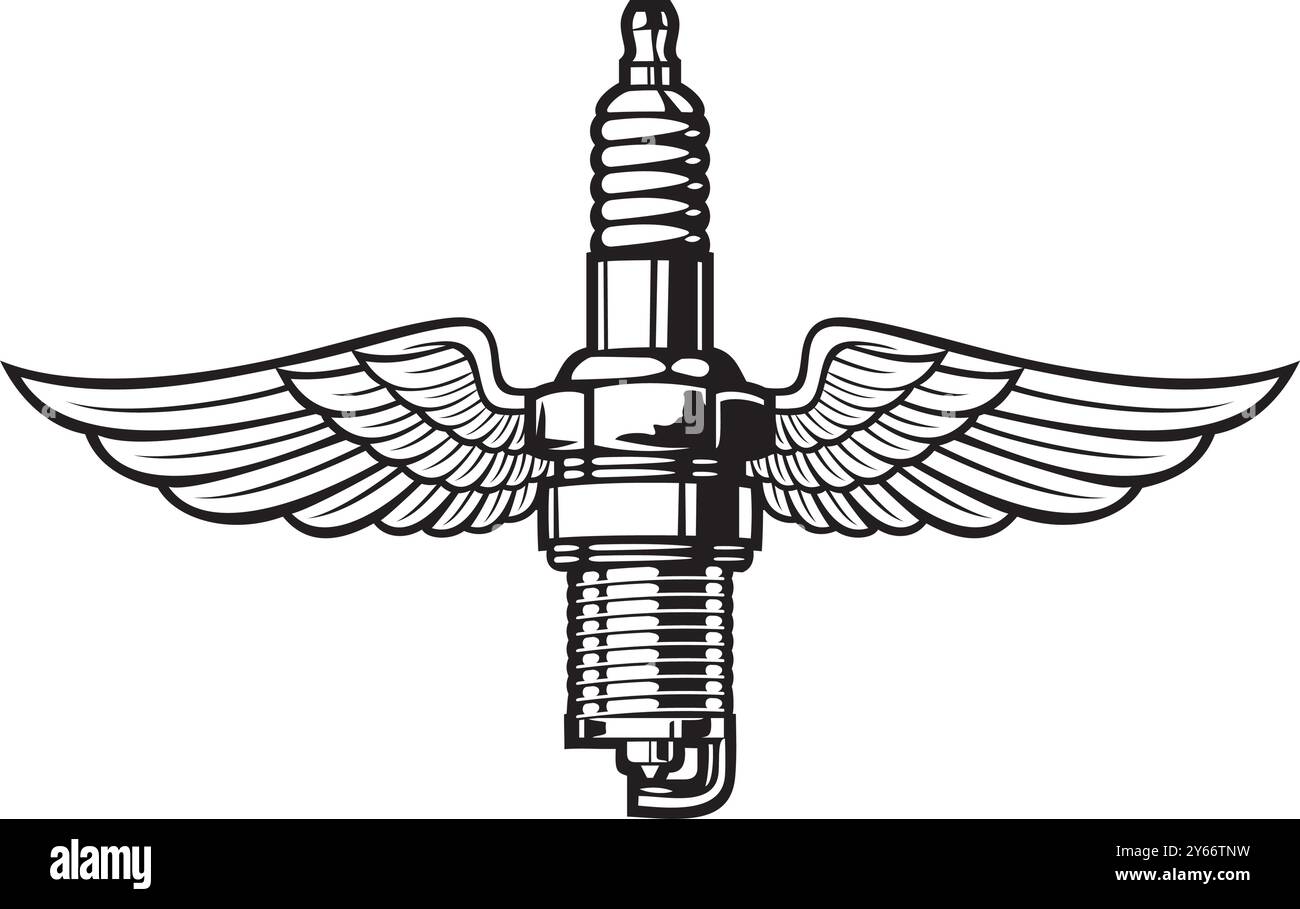 Spark Plug with Wings Black and White. Vector Illustration. Stock Vector