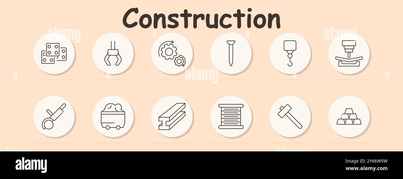 Construction set icon. Bracket, crane hook, gears, nail, pulley ...