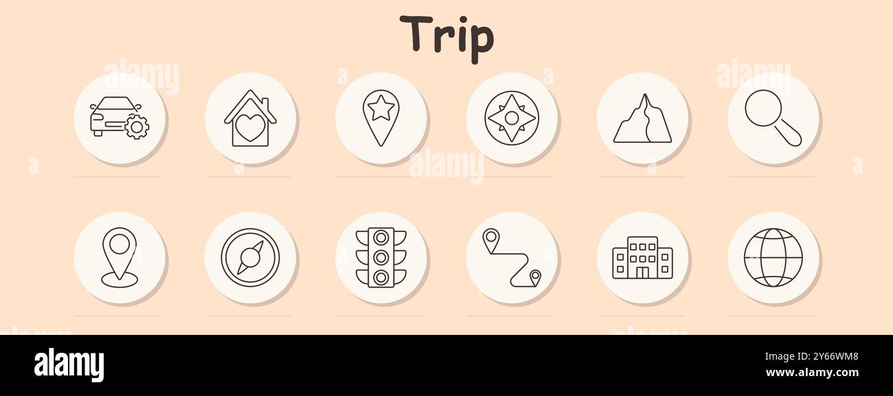 Trip set icon. House, compass, route, location, navigation, satellite ...