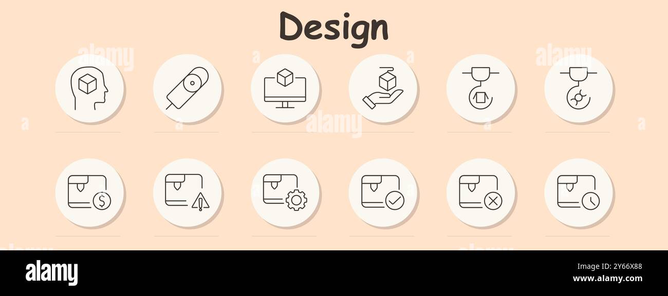 Design set icon. 3D printing, cube, computer, hand holding a cube, printer, warning, settings, checkmark, cross, clock, object creation, technology, p Stock Vector