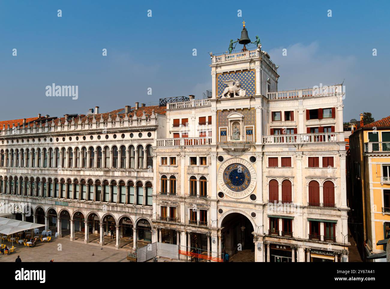 The Clock Tower of St Mark , Torre dell’ Orologio, a 14th-century clock overlooking Piazza St Marco , St Mark's Square in Venice, Italy Stock Photo