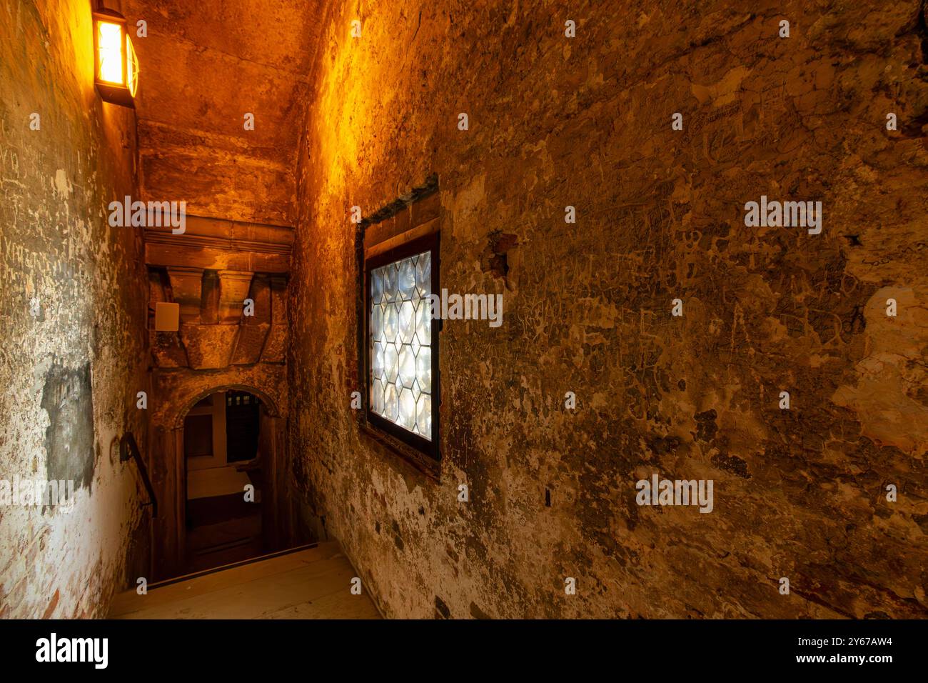 The interior of  The Bridge Of Sighs an enclosed limestone bridge spanning the canal between the Doge’s Palace and the prisons,Venice, Italy Stock Photo