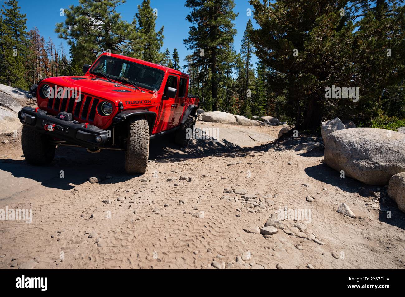 Red off-road vehicle driving on a dirt trail in a forested area with ...