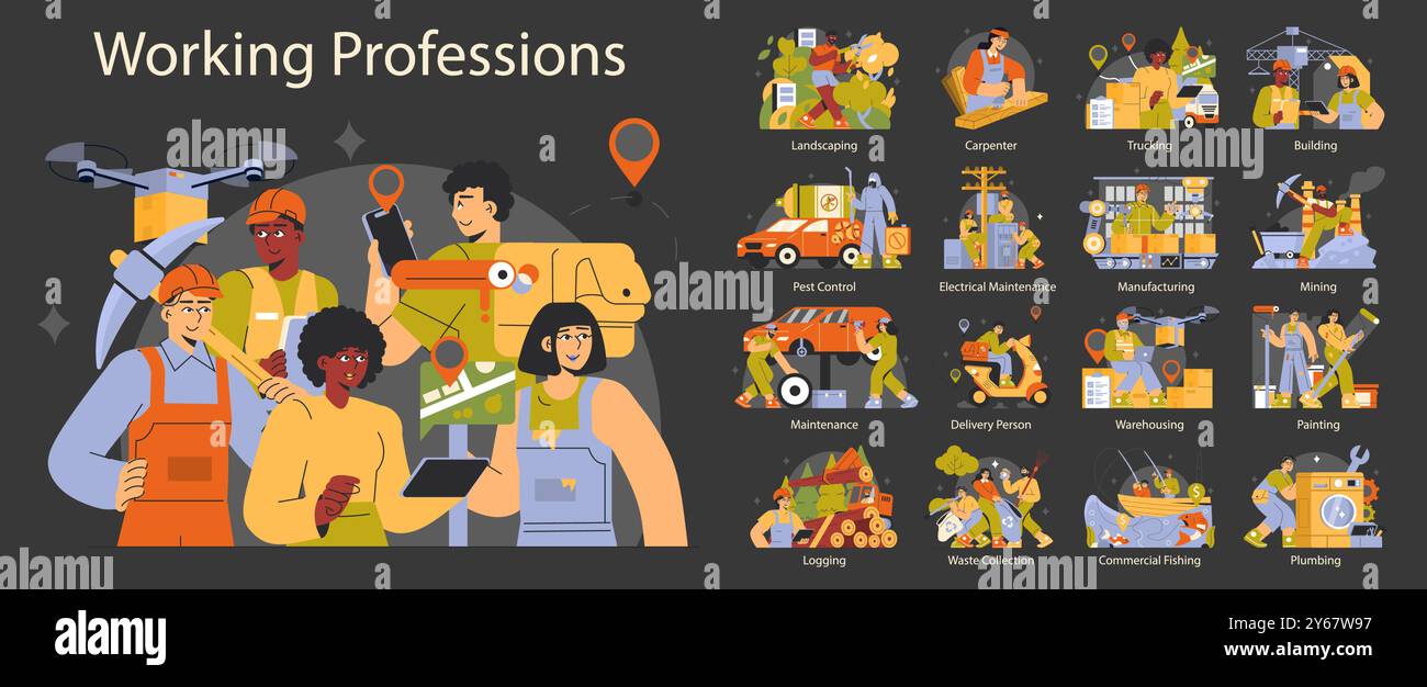 Working Professions set. Illustrations showcasing diverse skilled laborers in their work environments. Vector illustration of job diversity and industry. Stock Vector