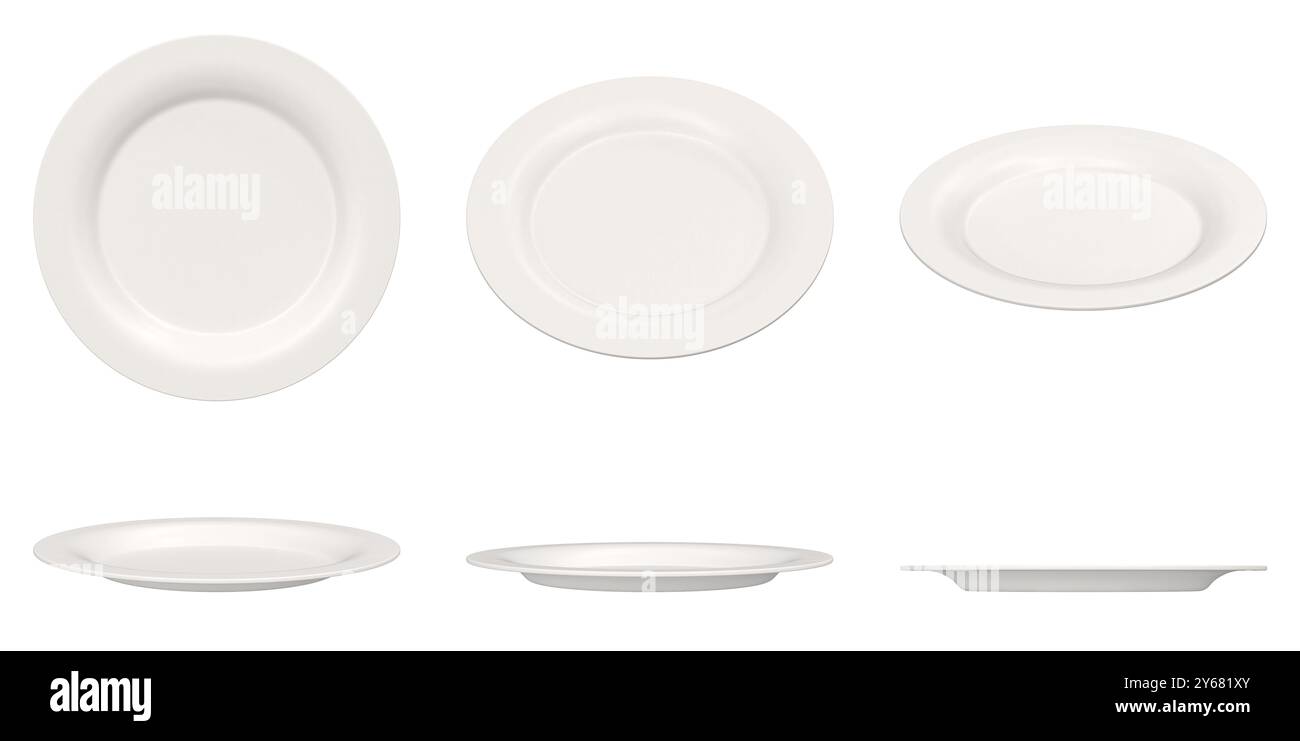 white ceramic plates displayed from various angles on a transparent background 3d Stock Photo