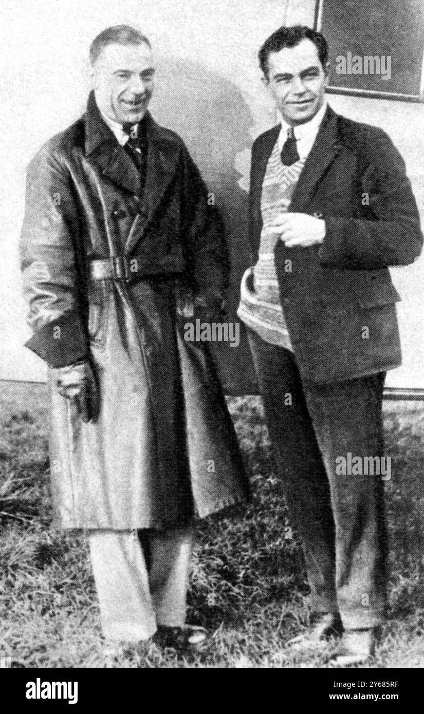 Captain R. H. McIntosh (left) and Bert Hinkler. Their non-stop flight to India attempt ended in failure with a forced landing at Bialokrynica, near Podhajce, then at Mszana, near Grodek.  26th November 1926 Stock Photo