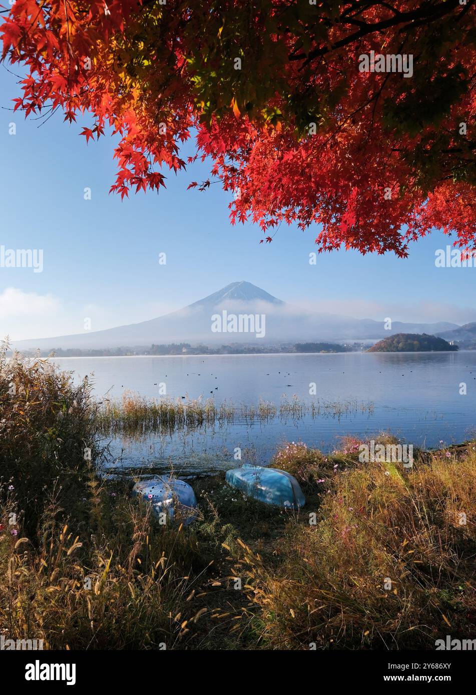 A beautiful landscape of Mount Fuji with autumn foliage and a serene ...