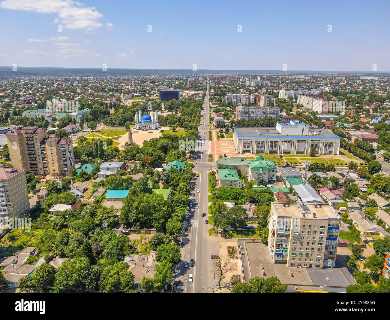 The aerial city view of Maykop, Adygea republic of Northern Caucasus of Russia, with the road, parks, Soviet residential buildings. Stock Photo