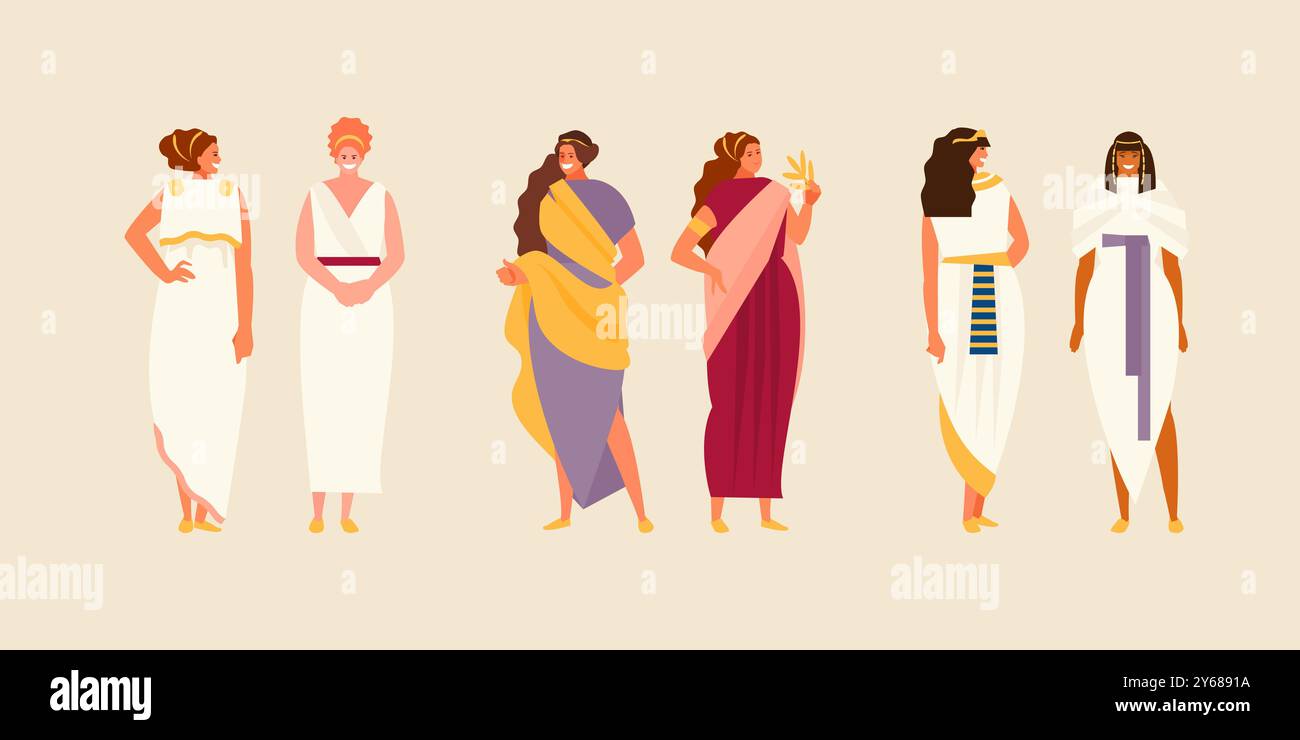 Group of ancient Greek, Roman and Egyptian women in historical costumes. Vector characters Stock Vector