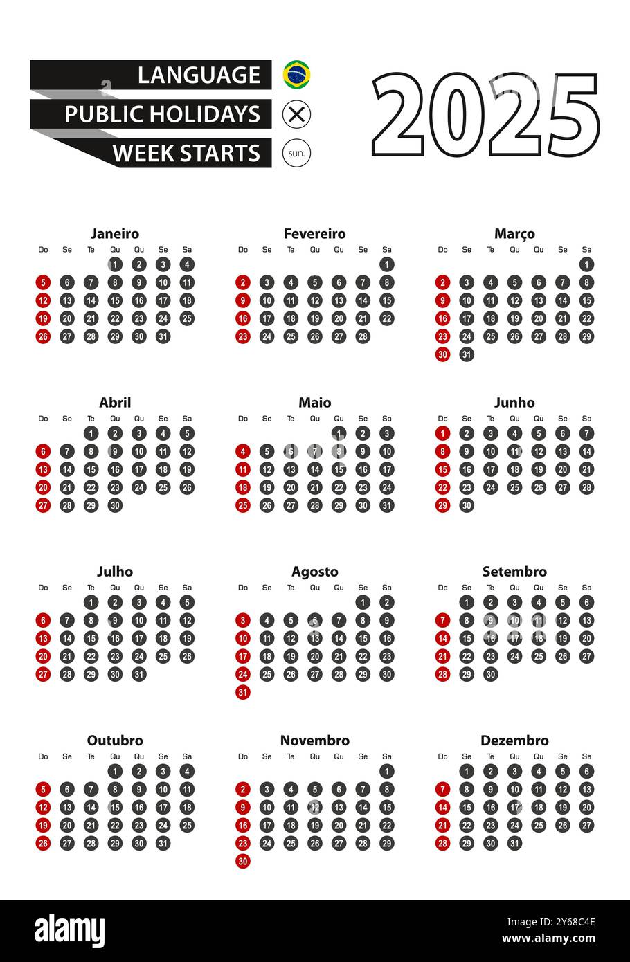 Portuguese calendar 2025 with numbers in circles, week starts on Sunday
