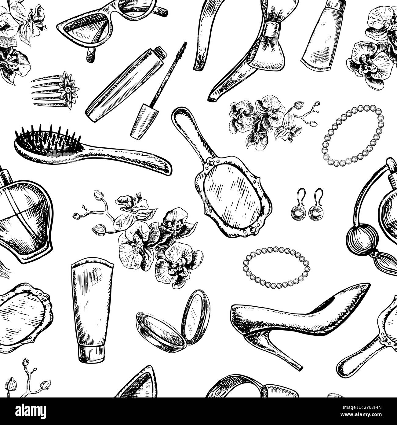 Seamless pattern with women's accessories, cosmetics, jewelry, hair clips and combs, perfumes, etc. Black and white vector graphics made by hand. Illu Stock Vector