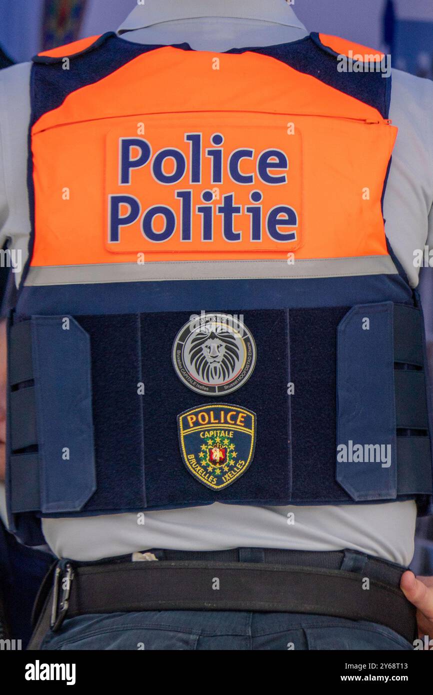 Brussels, Belgium, September 22, 2024. Brussels area police, capital Ixelles. Police bulletproof vest from the back Stock Photo