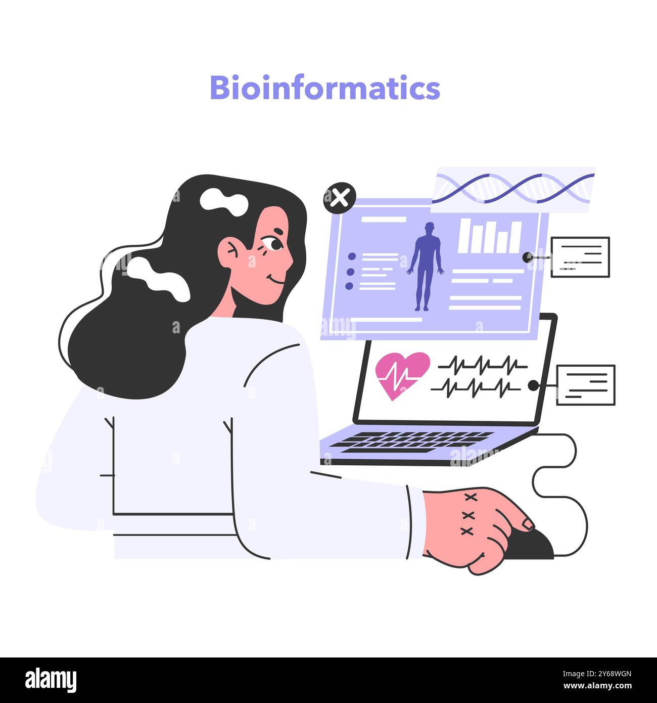 Bioinformatics. IT medical service, computation and analysis of bio data. Methods and software tools for understanding biological data. Vector flat illustration. Stock Vector