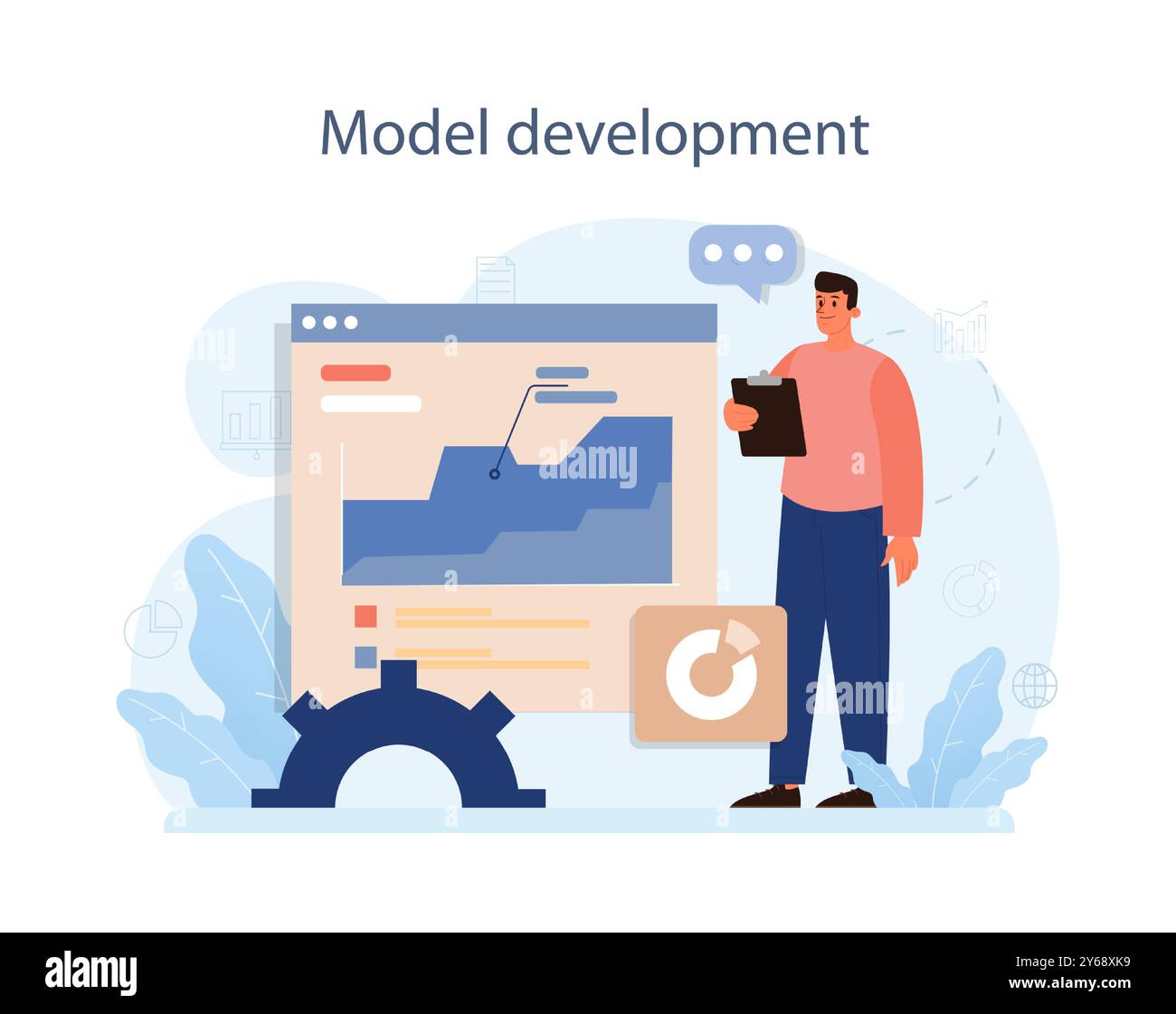 Predictive analytics. Process of using and processing data to forecast future outcome. Business ideas or decisions development. Character developing a model. Flat vector illustration Stock Vector