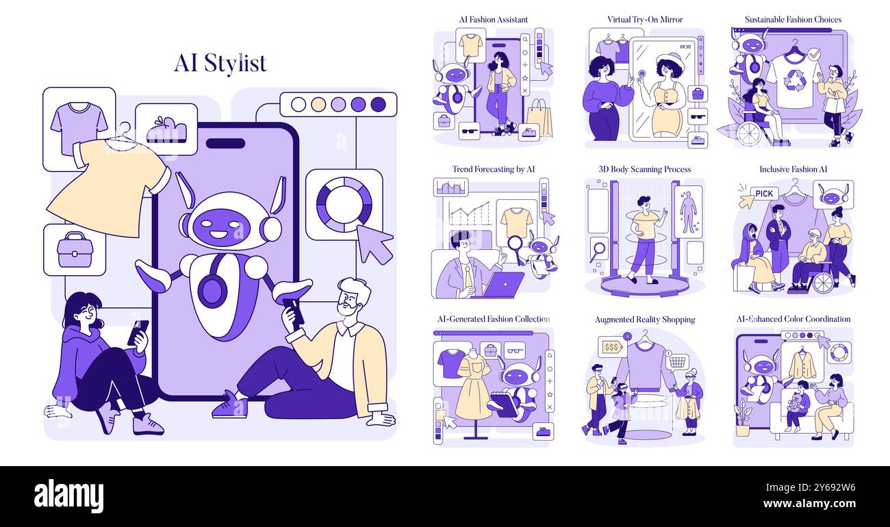 AI Stylist set. Digital fashion assistants illustrating outfits, trend ...