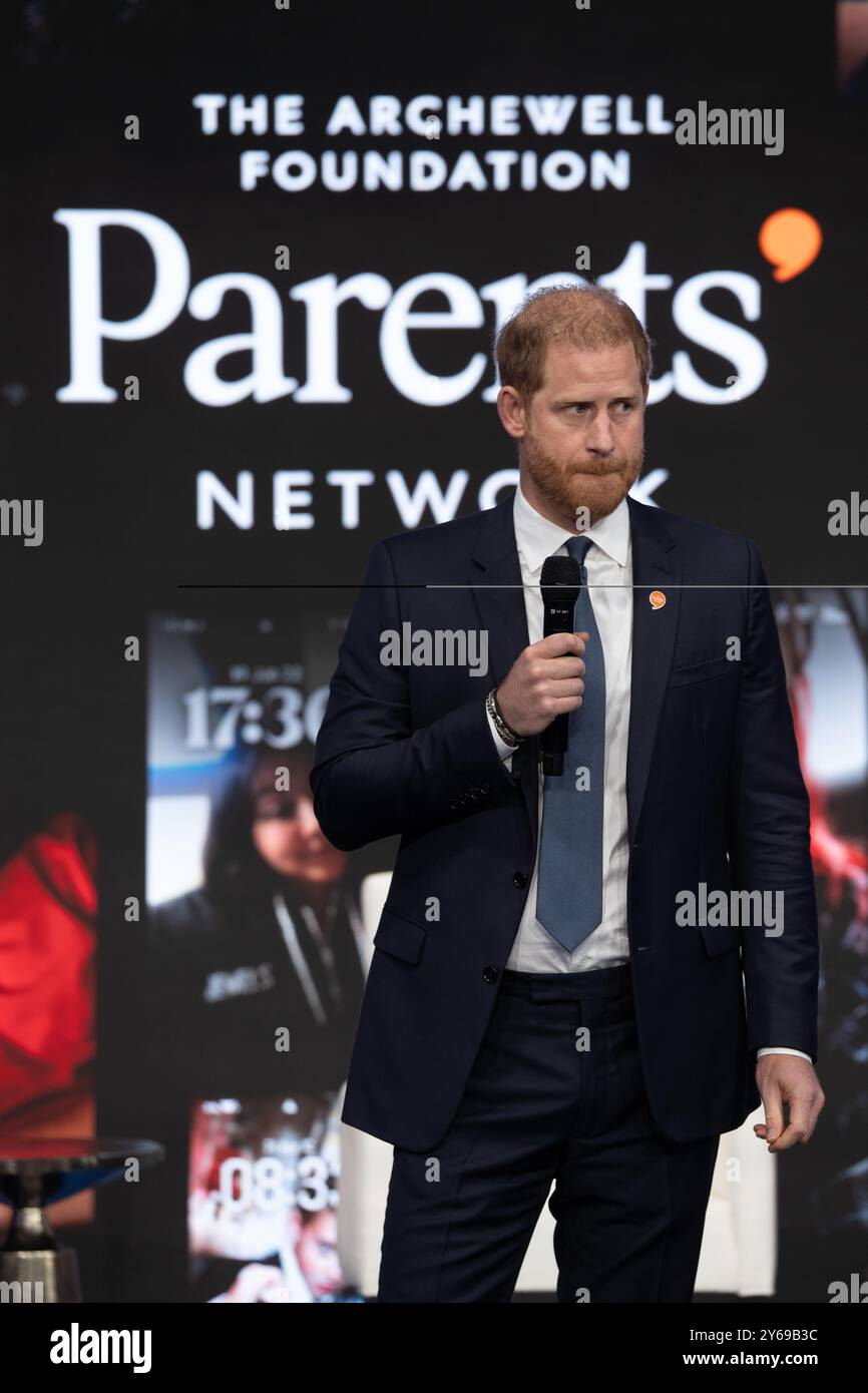 Manhattan, New York, USA. 24th Sep, 2024. Prince Harry, Duke of Sussex speaks onstage during the ''Everything, Everywhere, All At Once'' panel during the second day of the Clinton Global Initiative (CGI) in New York City. (Credit Image: © Derek French/SOPA Images via ZUMA Press Wire) EDITORIAL USAGE ONLY! Not for Commercial USAGE! Stock Photo