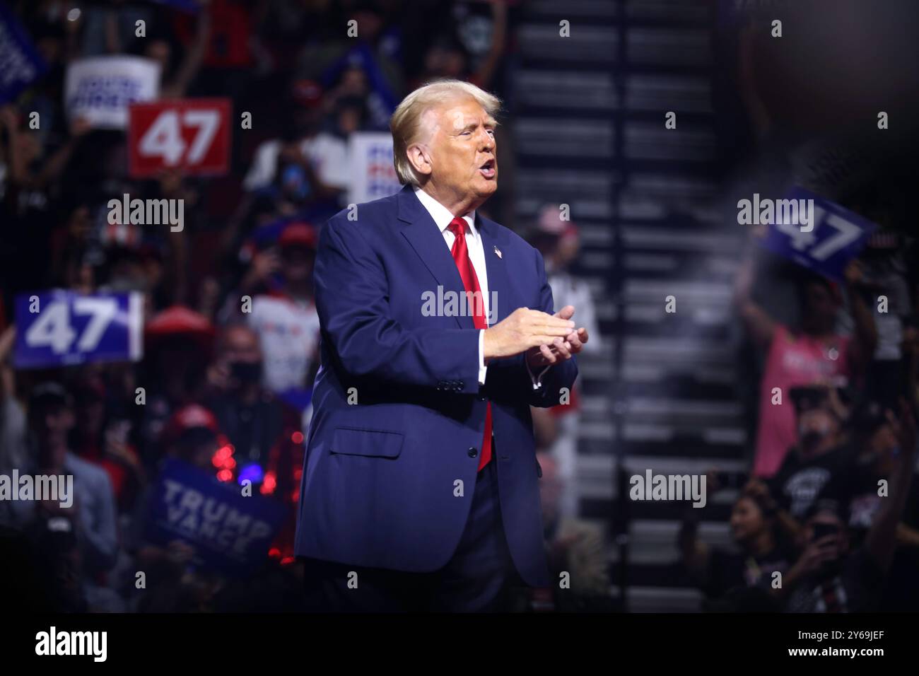 GLENDALE, ARIZONA, USA - 23 August 2024 - Former President of the United States Donald Trump speaking with attendees at an Arizona for Trump rally at Stock Photo