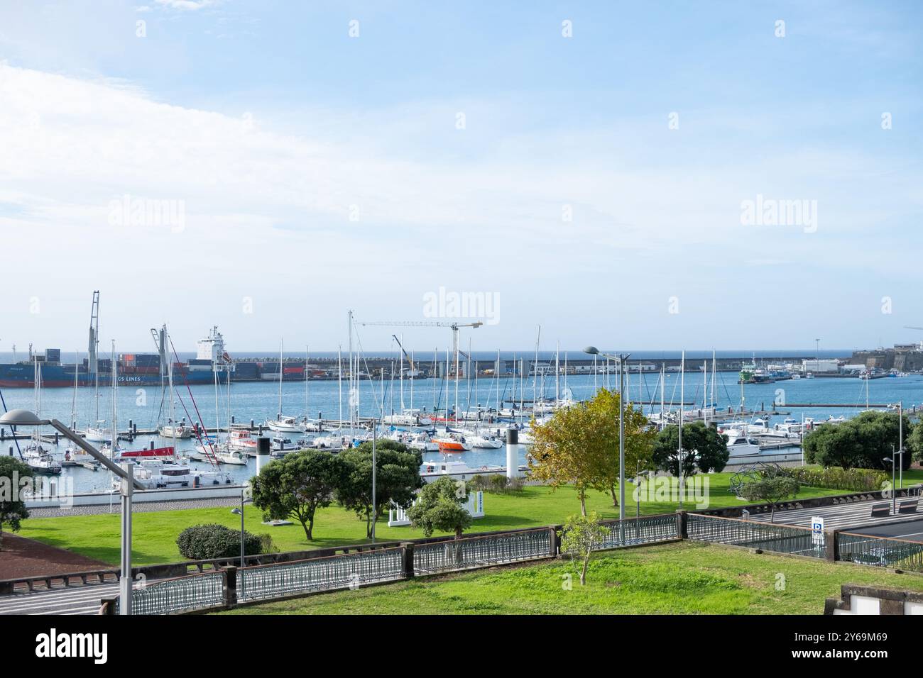 View over promenade and marina in Ponta Delgada city, Sao Miguel island ...
