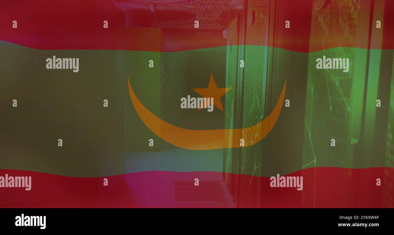 Mauritania flag image over server room with green and red lighting Stock Photo