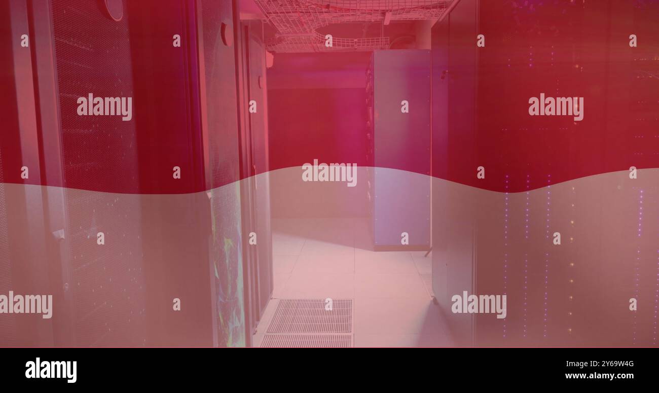 Red and white wave image over server room with glowing lights Stock Photo
