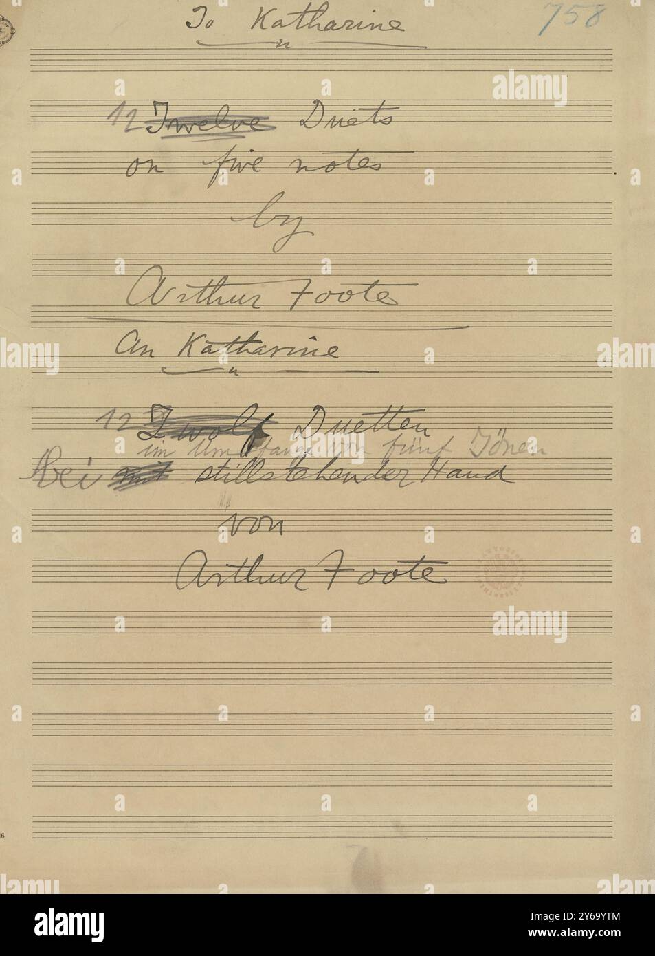 Music 1800-1900; Music Manuscripts; Foote, Arthur. Twelve duets on five notes, Foote, Arthur., 1800 - 1900, Schmidt, Arthur Paul, Music publishing, Popular music, Writing and publishing, Sheet music, Music, United States, 19th century, Music, United States, Manuscripts, United States, Manuscripts Stock Photo