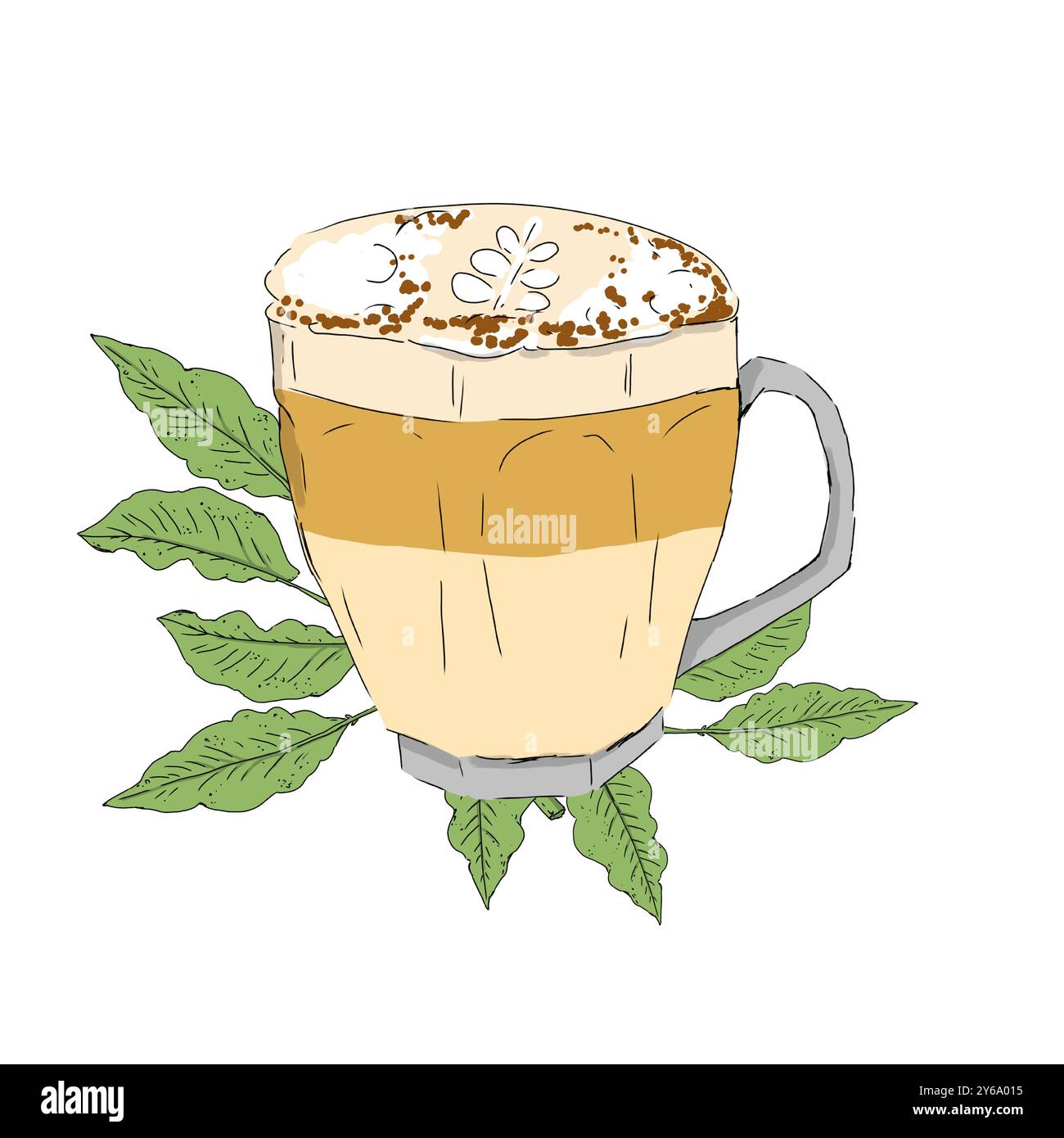 Coffee latte in a glass cup with a pattern on a background with ...