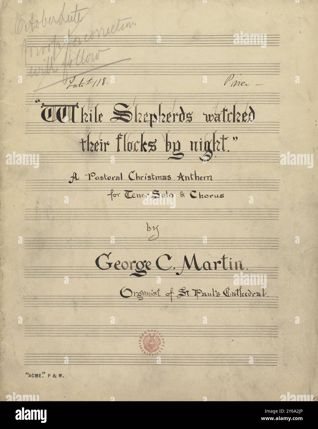 Music 1800-1900; Music Manuscripts; Martin, George C. While shepherds watched their flocks by night, Martin, George C., 1800 - 1900, Schmidt, Arthur Paul, Music publishing, Popular music, Writing and publishing, Sheet music, Music, United States, 19th century, Music, United States, Manuscripts, United States, Manuscripts Stock Photo