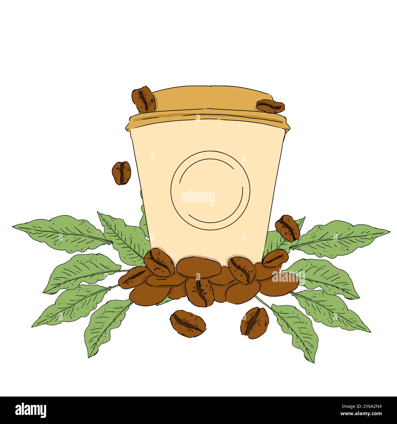 Paper coffee cup with lid and coffee beans on background with branches ...