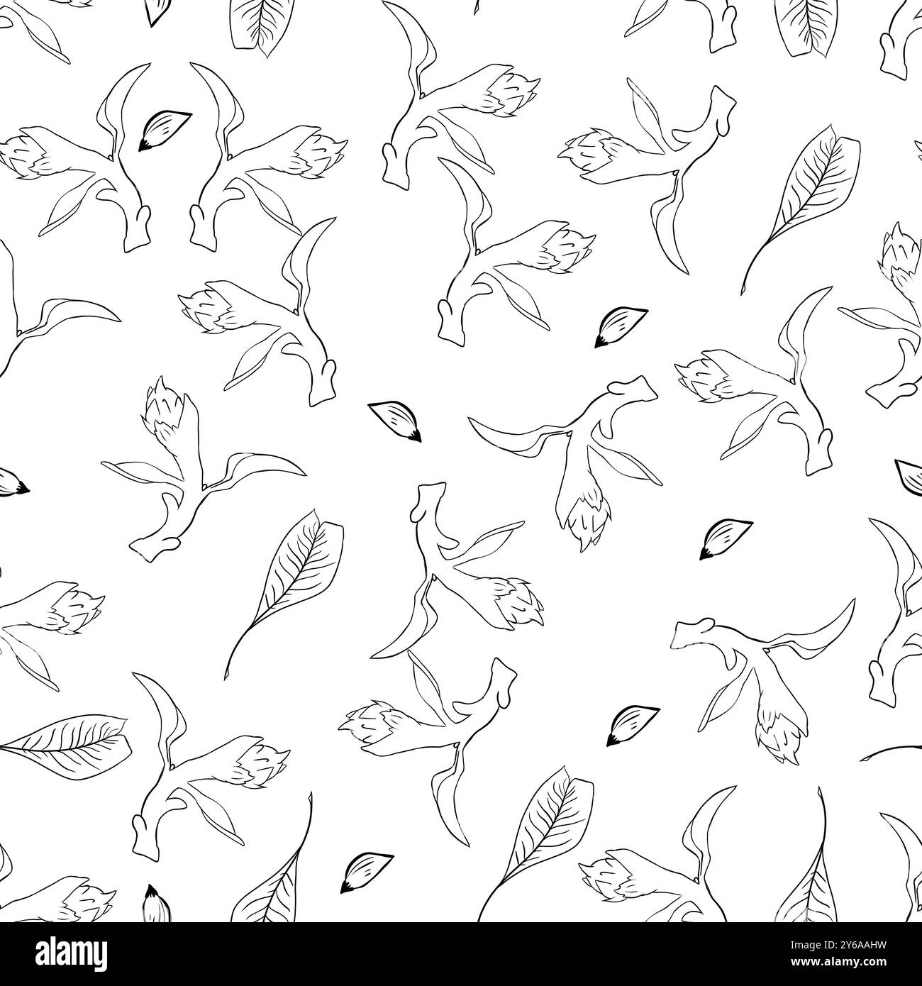 Seamless pattern with flowers, leaves and buds, black and white ...
