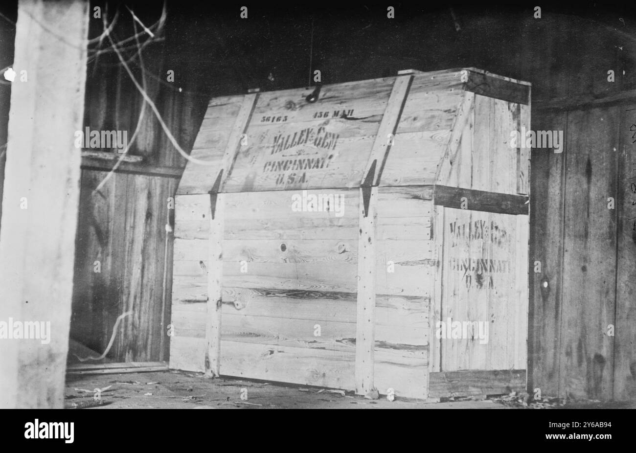 Dynamite box at Indianapolis, (Jones Barn), Photo shows the Jones barn in Indianapolis, Indiana. It relates to the McNamara brothers (James and John) and Iron Workers Union dynamite conspiracy and trial, 1910-1911., 1910 or 1911, Glass negatives, 1 negative: glass; 5 x 7 in. or smaller. Stock Photo