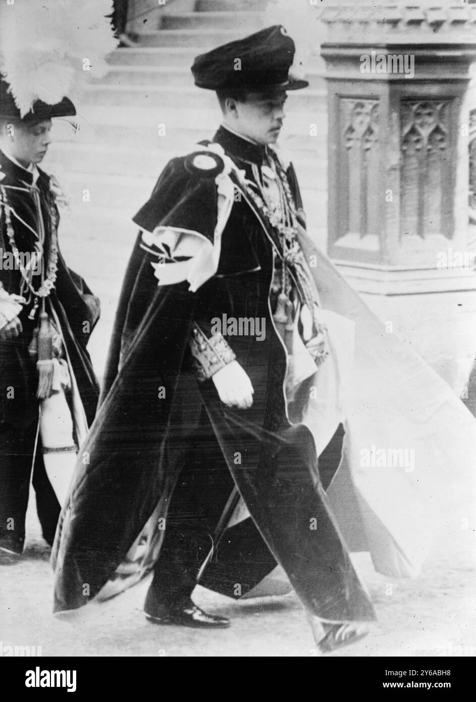 King Manuel detail, Photo shows King Manuel II of Portugal at St. George's Chapel, Windsor Castle, England, when the Prince of Wales was invested with the Order of the Garter on June 10, 1911., 1911 June 10, Glass negatives, 1 negative: glass; 5 x 7 in. or smaller. Stock Photo