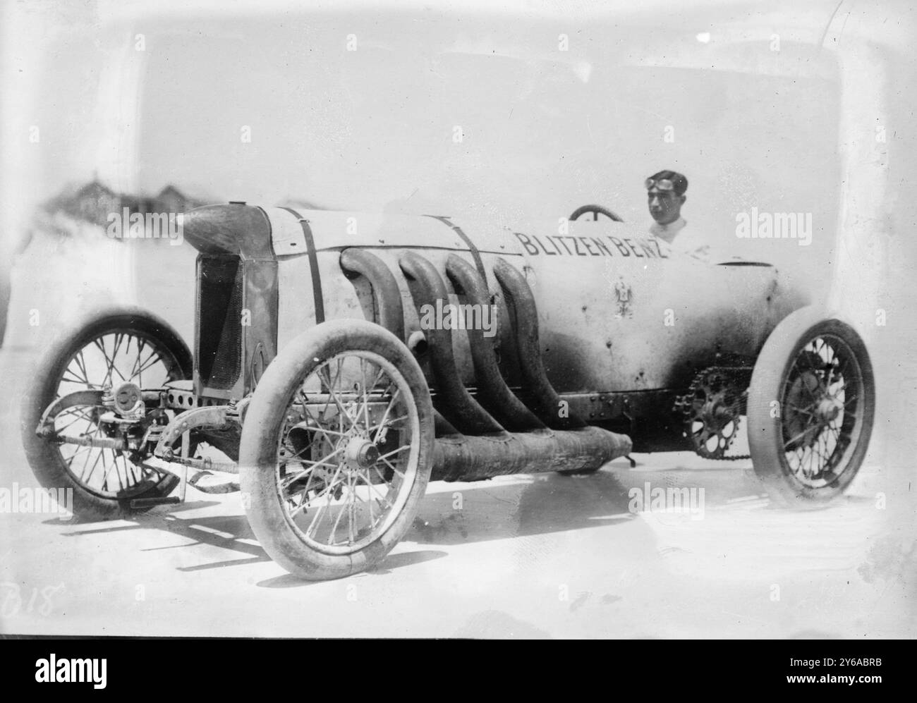 Burman in car, Photo shows race car driver Bob Burman and his 'Blitzen Benz.', between ca. 1910 and ca. 1915, Glass negatives, 1 negative: glass; 5 x 7 in. or smaller. Stock Photo