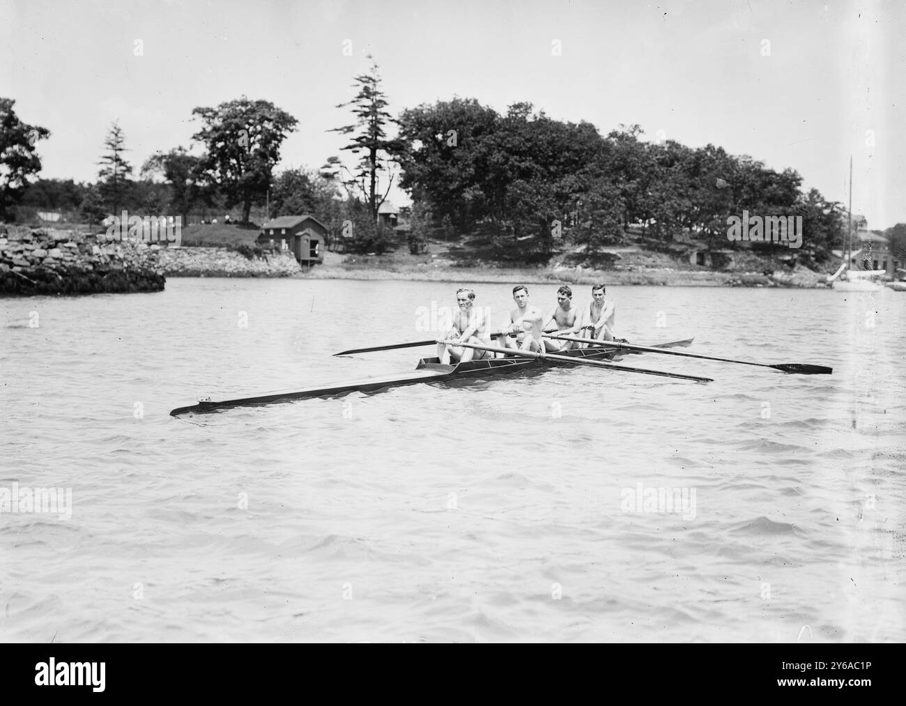 N.Y.A.C. 4-Oar Senior Crew 1911, Photo shows the activities of the New York Athletic Club., 1911, Rowing, Glass negatives, 1 negative: glass; 5 x 7 in. or smaller. Stock Photo